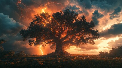 Ancient olive tree stands amidst a dramatic storm.  Powerful lightning illuminates the scene