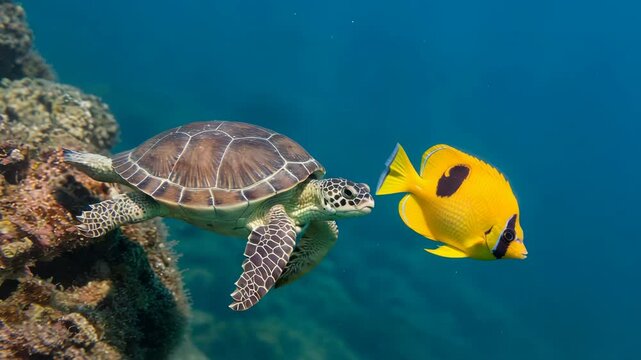 Sea Turtle Swimming Next to a Yellow Spotted Fish in Clear Blue Ocean