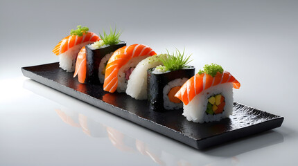 A delectable array of assorted sushi rolls, artfully arranged on a sleek black plate.  Fresh salmon, vibrant vegetables, and seaweed are showcased.