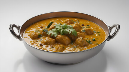 A delicious-looking bowl of creamy, golden curry with tender meatballs, garnished with fresh cilantro. The curry is served in a silver bowl with ornate handles, enhancing its visual appeal.
