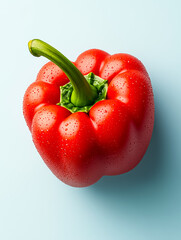 Fresh red bell pepper with water droplets on a pastel blue background, perfect for healthy recipes and cooking.