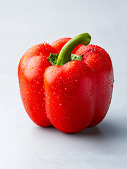 Fresh and vibrant red bell pepper with water droplets, showcasing its natural shine and texture.