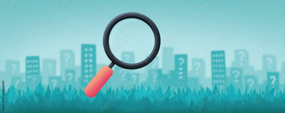 Aufkleber magnifying glass over abstract cityscape with greenery and question marks for search and discovery c