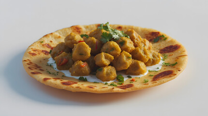 Aromatic Indian dish featuring flavorful soy chunks in a rich curry sauce, delicately placed atop a warm, freshly baked roti.Garnished with cilantro and a dollop of yogurt.