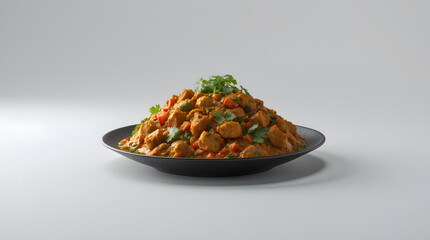 A delicious serving of chicken curry, garnished with fresh cilantro, sits on a black plate against a minimalist gray background. The rich, flavorful dish is ready to be enjoyed.