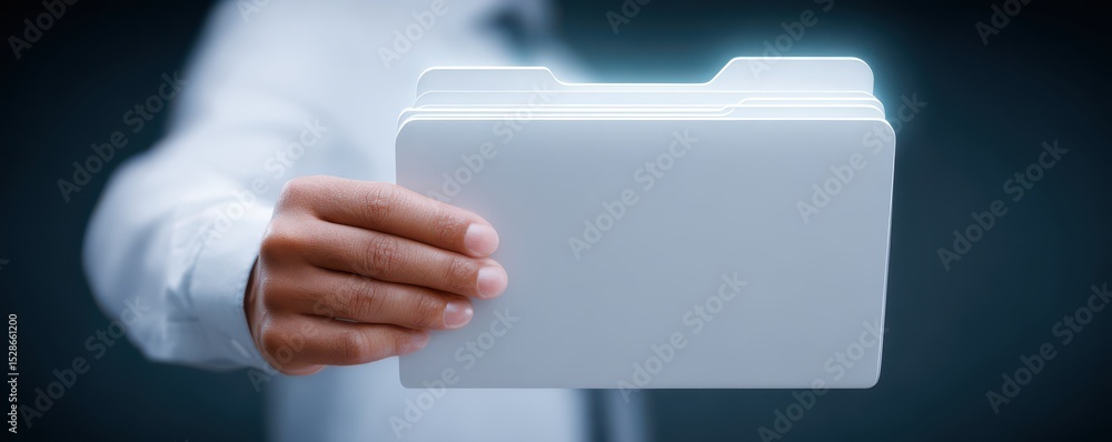 Poster man presenting digital folder with bright glow in hand, showing concept of information sharing and m