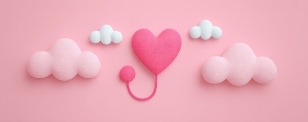 Cozy and Playful Heart Design Surrounded by Soft Clouds on a Pink Background for Whimsical Decor