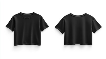Front and back view of a plain black cropped t-shirt isolated on white background.