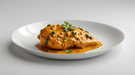 A delicious chicken breast, covered in a creamy, nutty sauce, garnished with fresh cilantro. Served on a white plate, perfect for a gourmet meal or recipe illustration.