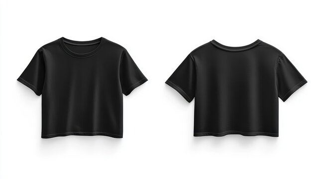 Front and back view of a plain black cropped t-shirt isolated on white background.
