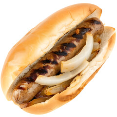 Grilled sausage in a bun with caramelized onions isolated on transparent background