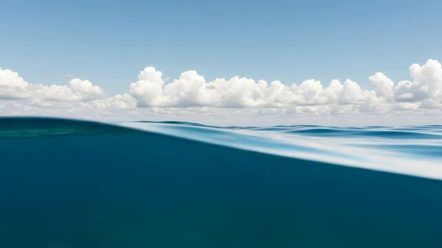 Split Level View of Teal Ocean Water and Scattered White Clouds Underneath a Clear Blue Sky