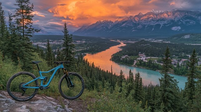 Mountain bike overlooking a vibrant sunset over a winding river valley.  Rocky outcrop, vibrant colors, and a picturesque mountain range - Powered by Adobe
