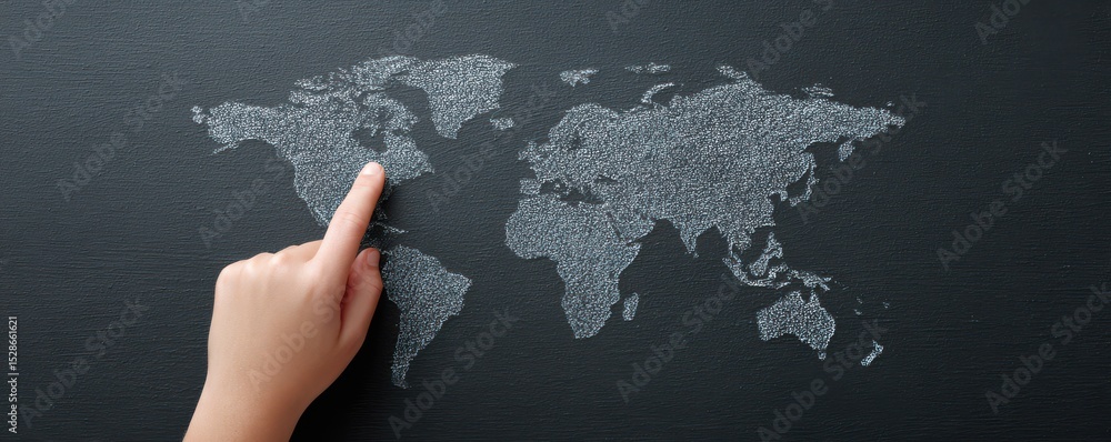 Aufkleber hand pointing at global map on black chalkboard surface with world outline and geographical backgrou