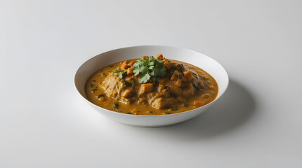 A bowl of delicious-looking curry with sweet potato and cilantro garnish.  The rich, golden brown sauce is appetizing. Perfect for a cozy meal.