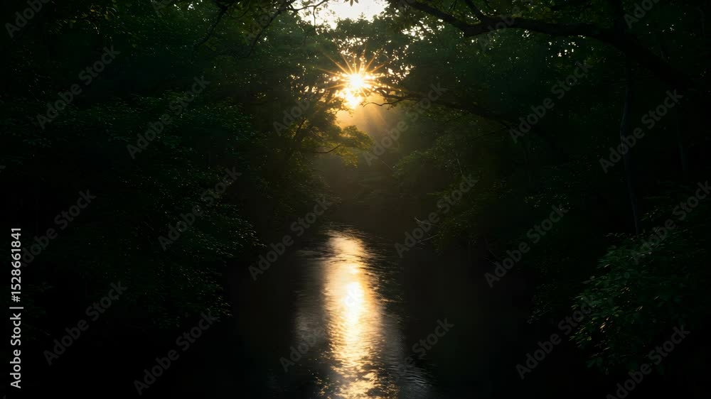 Poster sunlight streaming through trees reflecting on waterway creating a dark green foliage nature scene