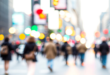 Blurred street scene with pedestrians and buildings in an urban environment.Premium urban photos for poster, banner and pamphlet backgrounds