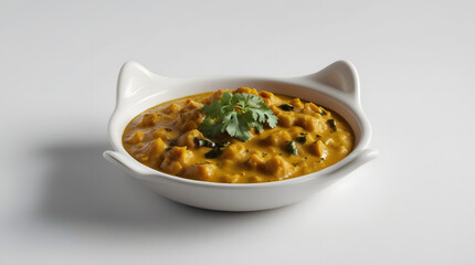 A creamy, golden curry in a white bowl, garnished with fresh cilantro.  The rich texture and vibrant color are appetizing.