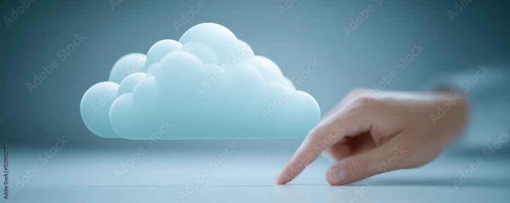 Poster creative representation of a hand reaching for a computer-generated cloud symbolizing technology and
