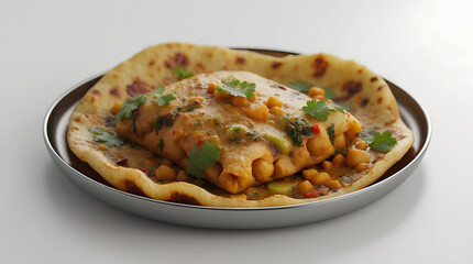 Delicious chickpea curry nestled in a warm, flaky roti. Garnished with fresh cilantro, this vibrant dish is a culinary delight. Perfect for a flavorful and satisfying meal.