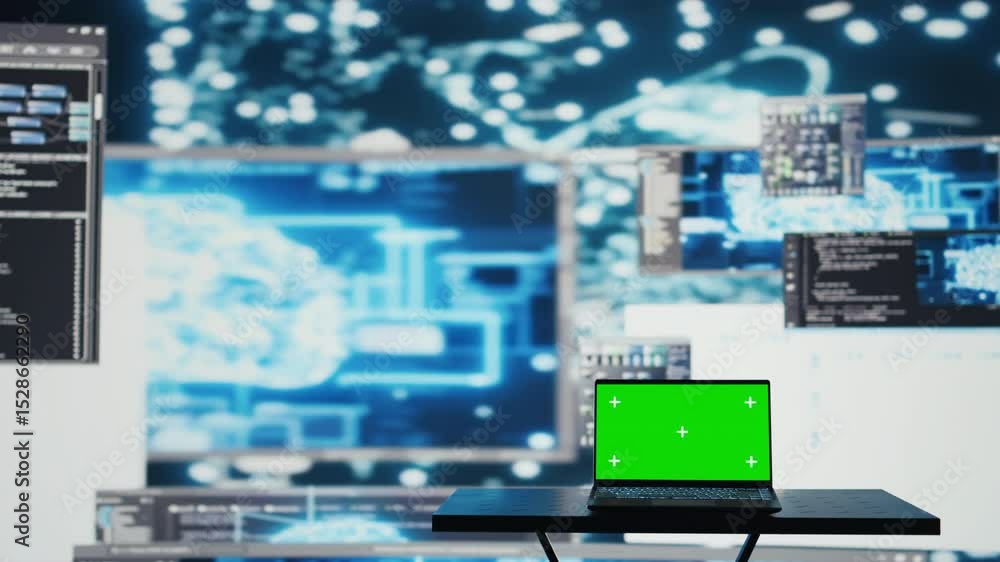 Poster laptop running isolated mockup screen next to ai neural networks system, used for practicing deep le