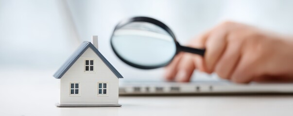 Fototapeta premium Miniature House Model with Magnifying Glass and Laptop, Symbolizing Real Estate Search and Home Inspection Process