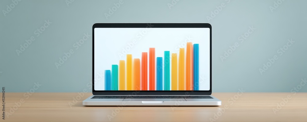 Poster modern laptop displaying colorful bar graph on minimalist workspace tabletop