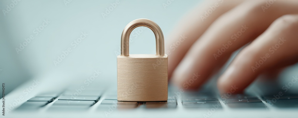 Poster lock symbolizing security on keyboard with human hand in background for cyber safety concepts