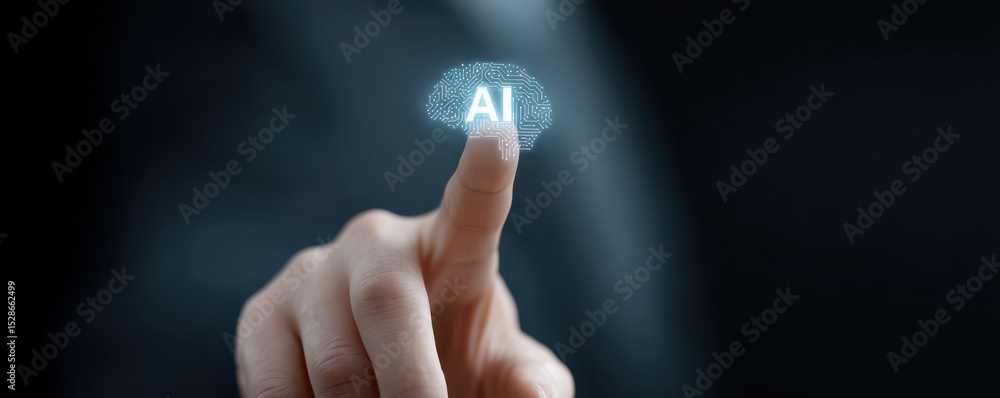 Poster hand touching ai concept with digital brain representation on dark background in modern technology t