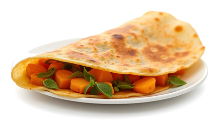 A delicious-looking crepe filled with roasted carrots and fresh basil.