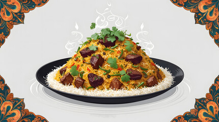 A steaming mound of delicious beef biryani, garnished with fresh cilantro, sits on a black plate. The dish is surrounded by ornate, decorative borders, adding to its visual appeal. 