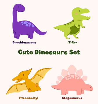 Cute Dinosaurs Set of four dinosaurus Brachiosaurus, Tyrannosaurus rex T-rex, Pterodactyl, Stegosaurus