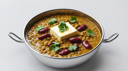 A delicious bowl of Chana Masala, a flavorful Indian chickpea curry, garnished with cilantro and a cube of paneer. The rich, golden curry is served in a sleek, metallic bowl with handles.