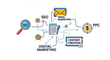 Digital marketing strategy diagram illustrating interconnected elements of online promotion