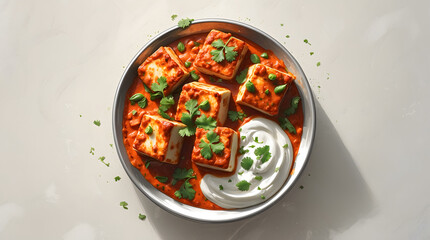 Delicious paneer tikka masala served in a metal bowl, garnished with cilantro and a dollop of creamy yogurt. A vibrant and flavorful Indian dish.
