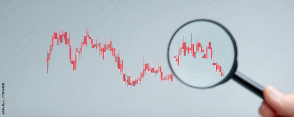 Poster analyzing financial data with magnifying glass over chart fluctuations in business and investment co