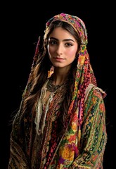A young woman wearing traditional attire, standing against a black background, with a colorful headscarf and a floral dress.