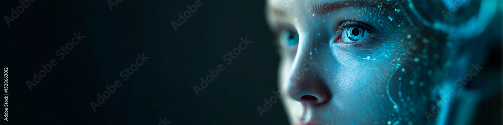 Poster close up of a futuristic face with glowing blue circuit patterns and a dark background design elemen