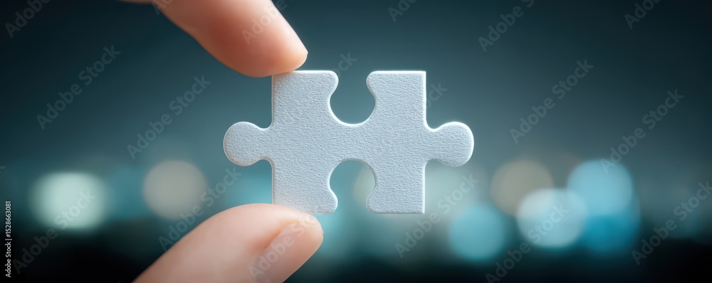 Poster hand holding white puzzle piece against blurred background representing problem solving and connecti