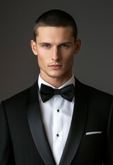 A man in a black tuxedo with a black bow tie, standing against a dark background.