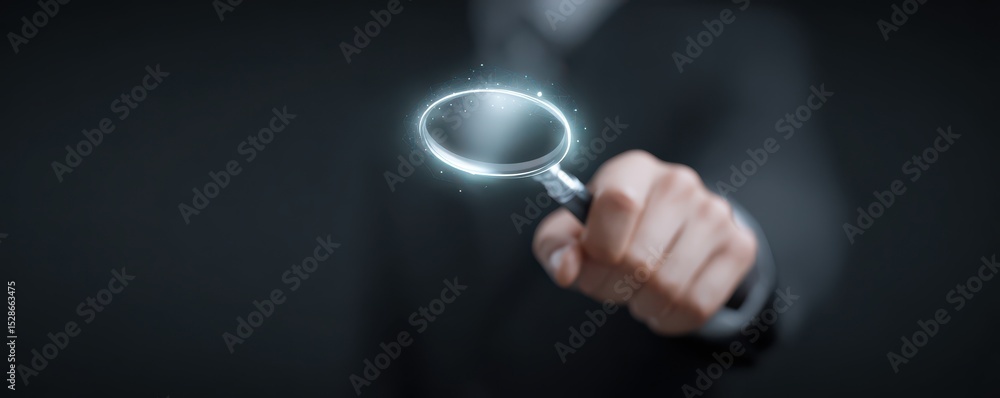 Poster businessman holding a magnifying glass with digital elements in a dark background for analysis and i