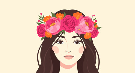 Naklejka premium Woman with a beautiful floral crown portrait illustration
