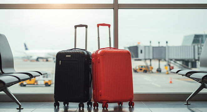 Two Suitcases in Airport Departure Lounge with Airplane in Background – Summer Vacation and Travel Concept - Powered by Adobe