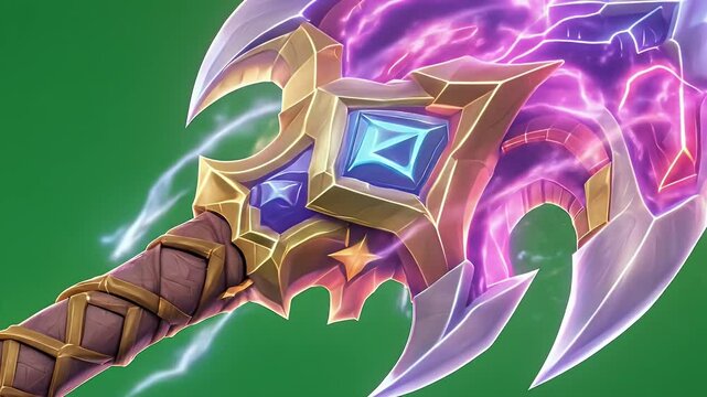 Isolated Fantasy Axe with Glowing Purple Ornaments in 3D Render on Green Screen Ideal for Visual Effects Game Assets and Cinematic Projects