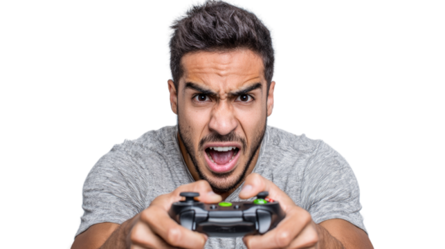 A man is playing a video game and is very angry