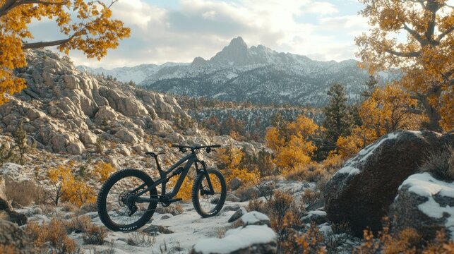 Mountain bike parked amidst autumnal, snowy landscape