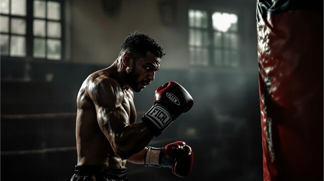 A boxer training with a punching bag in a gritty g,