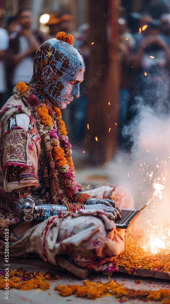 Poster a robot with circuit patterns and flower garlands sits near a fire working on a laptop computer