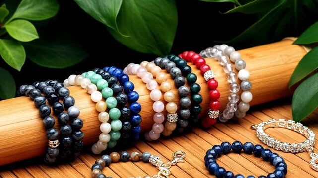 Colorful beaded bracelets arranged on bamboo surface with greenery  