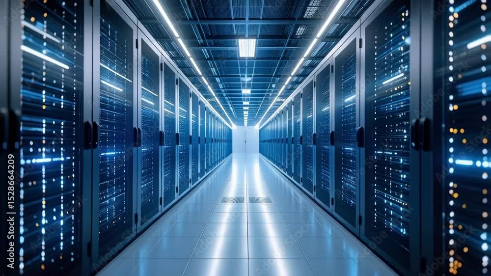 Poster server room filled with rows of racks showing digital data moving through network systems, modern te